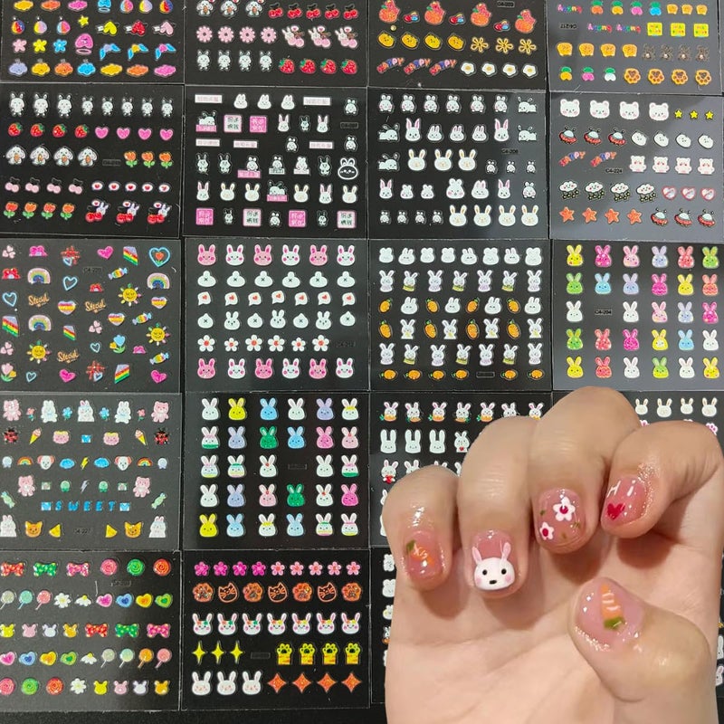 OSTTMA 30Pcs Easter Nail Art Stickers Cute Cartoon Bunny Nail Decals 3D Self Adhesive Nails Art Supplies Glitter Rabbit Star Heart Flower Nail Design Sticker for Women DIY Easter Nail Decorations Accessories - Image 3